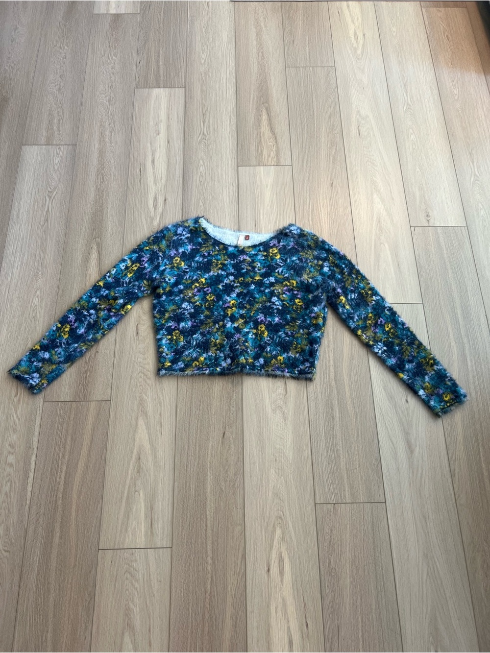 Pilcro Off-the-Shoulder Fuzzy Floral Sweater - Blue Multi. Size M - Picture 6 of 11